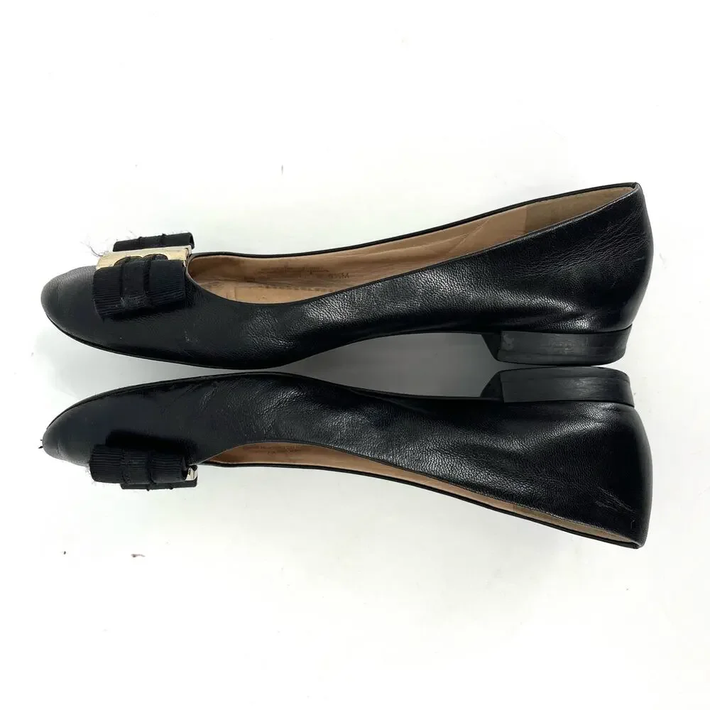 Tory Burch Black Leather Gemini Logo Flat Ballet‎ Pumps Ribbon Bow (5.5)